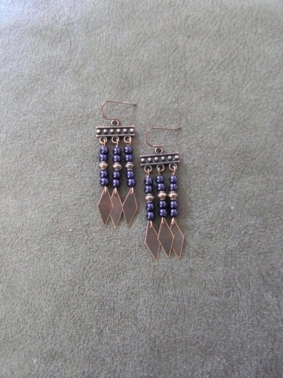Purple glass pearl chandelier earrings, copper