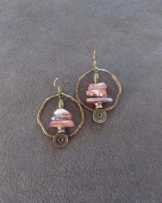 Raw quartz peach crystal earrings, rustic boho bronze unique earrings, geode natural bohemian hoop