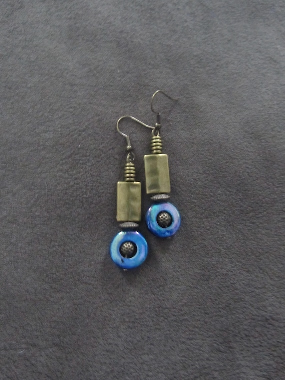 Mid century modern blue mother of pearl and bronze earrings
