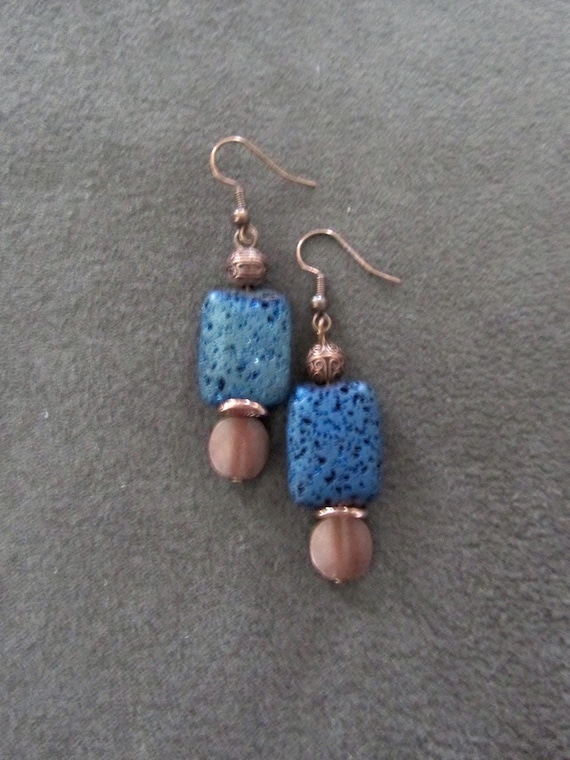 Teal lava rock and copper mid century modern earrings