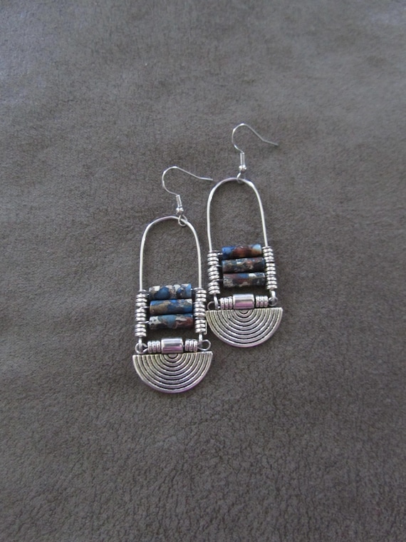 Imperial jasper earrings, blue tribal chandelier earrings, unique ethnic earrings, modern Afrocentric earrings, boho chic earrings, silver