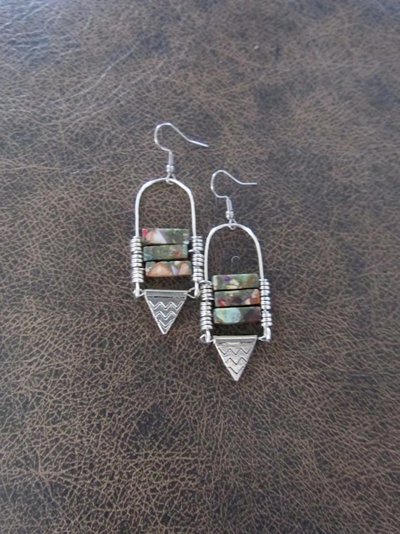 Mosaic Jasper Chandelier Earrings: Antique silver Ethnic Statement