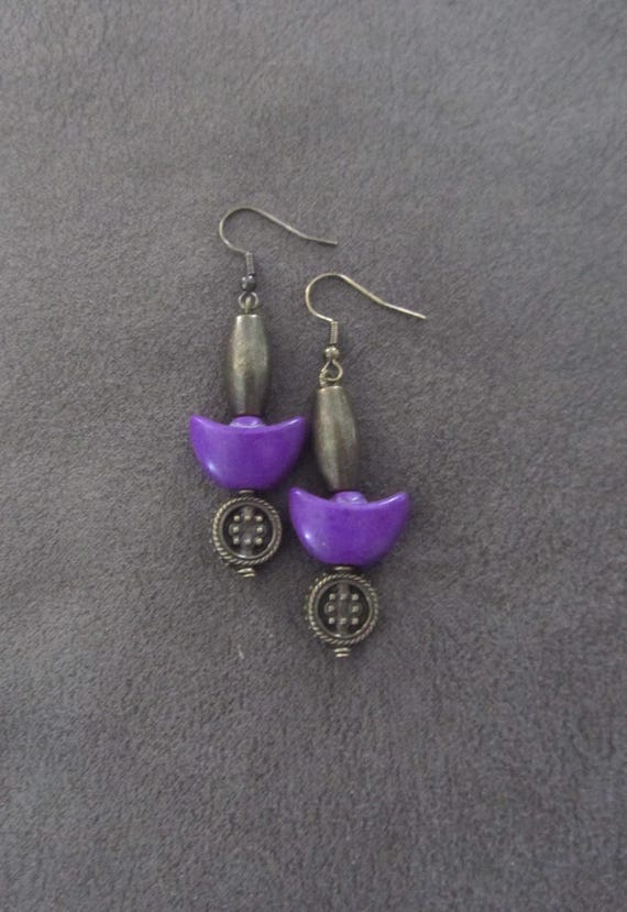 Unique purple howlite and bronze earrings
