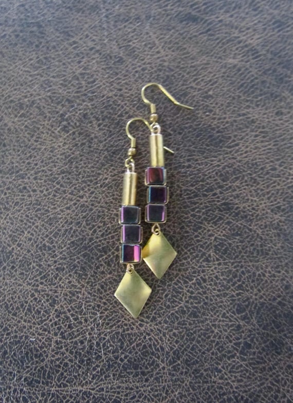 Brass mid century modern hematite earrings multicolor
