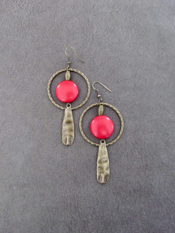 Hammered bronze hoop earrings,  red stone, unique artisan earrings