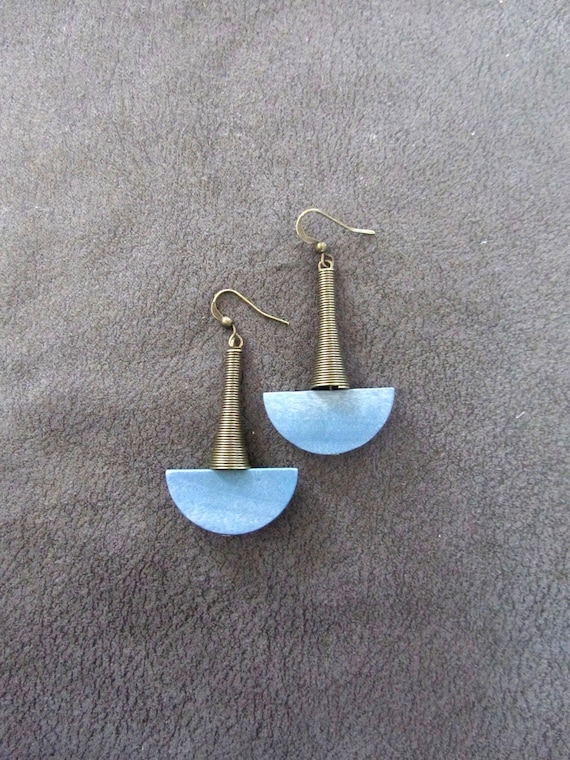 Wood and Bronze Tribal Earrings: Blue Afrocentric Geometric Dangles
