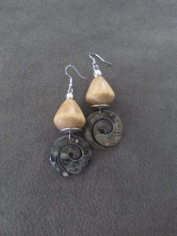 Spiral shell and wooden earrings