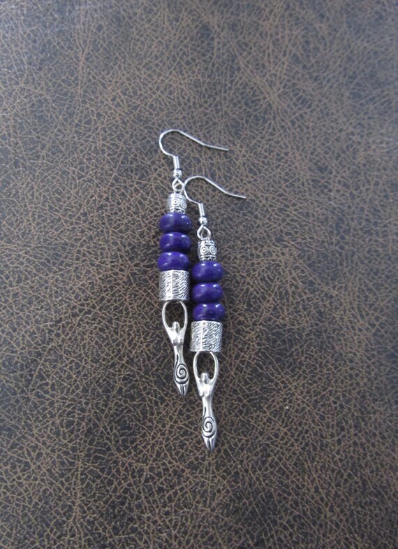 Unique earrings, silver mid century modern earrings, boho chic earrings, bohemian artisan earrings, goddess female figure earrings, purple