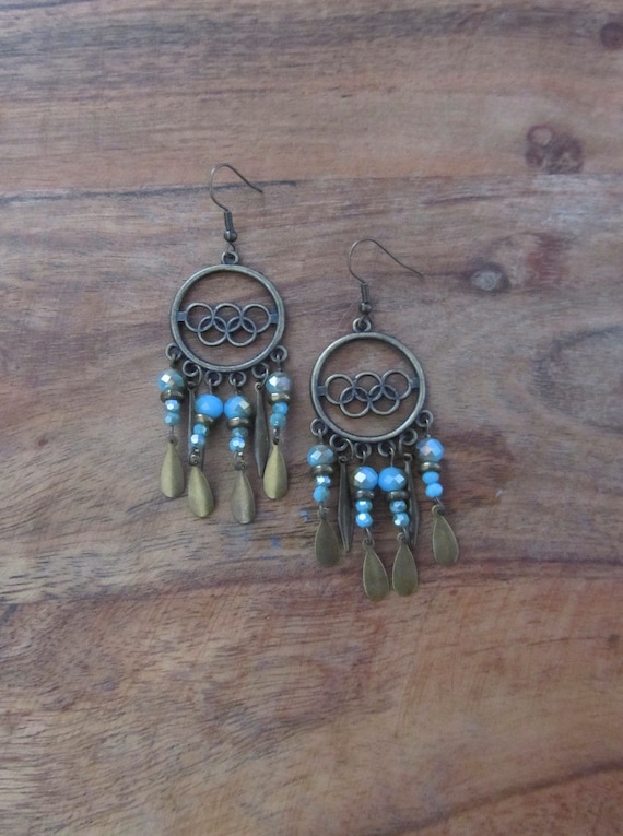 Chandelier earrings, sea green crystal and bronze gypsy earrings, boho bohemian unique princess