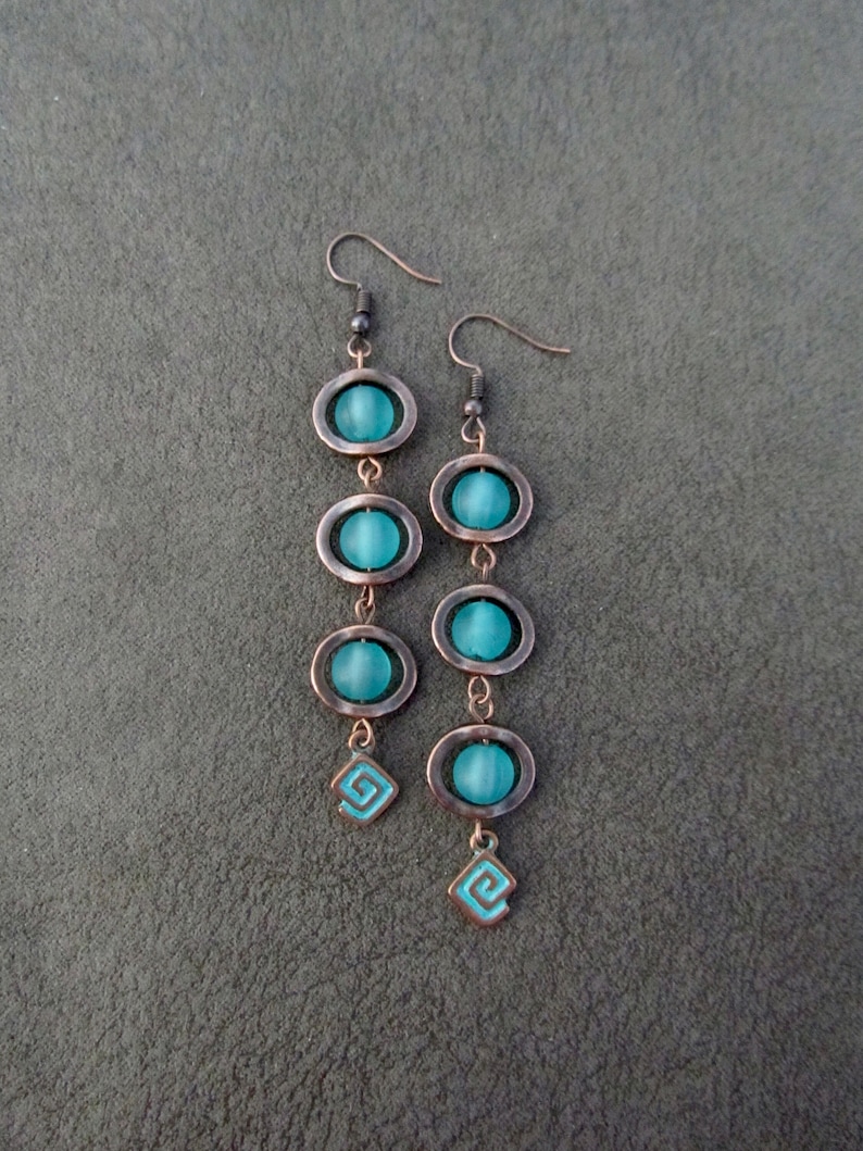 Long teal frosted glass and copper earrings image 1