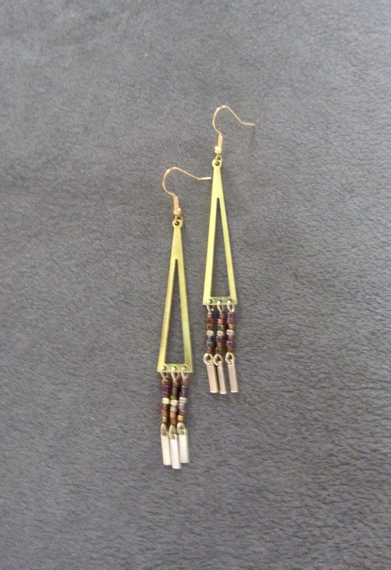 Long multicolor seed bead and brass earrings