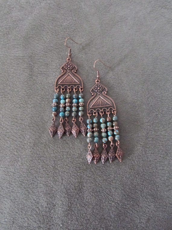 Jasper and copper ethnic chandelier earrings