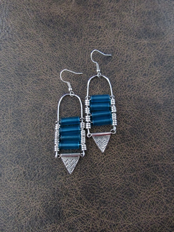 Blue frosted glass chandelier earrings, triangle