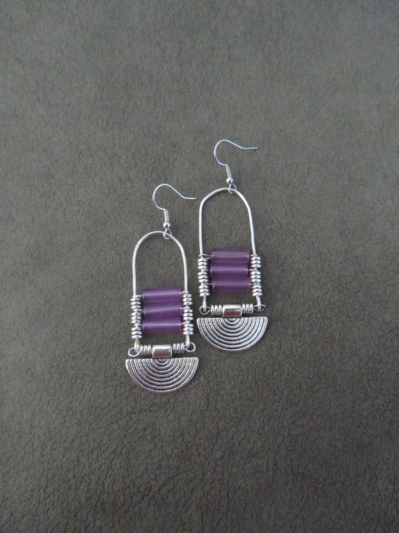 Purple frosted glass chandelier earrings, statement earrings, bold earrings, etched metal earrings, tribal ethnic earrings, chic