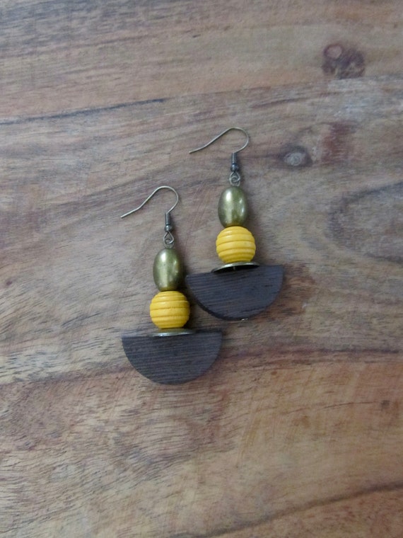 Bold yellow wooden geometric earrings