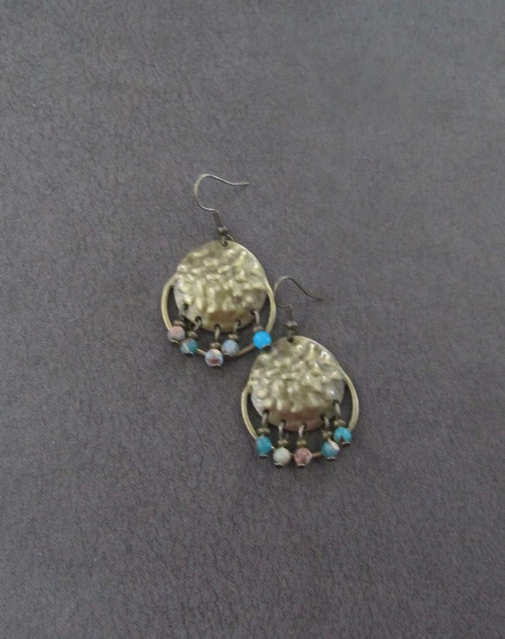 Chandelier earrings, hammered bronze and turquoise jasper