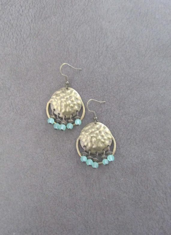 Sea green frosted glass and hammered bronze chandelier earrings