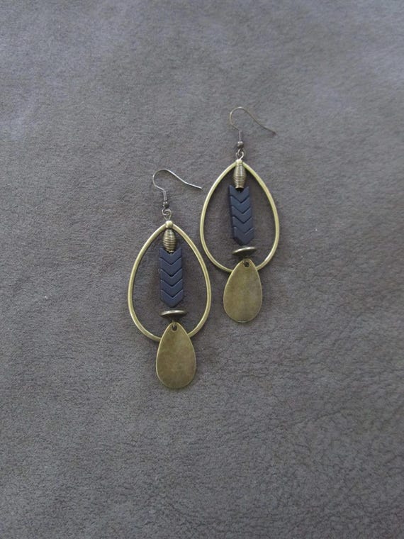 Bronze and hematite tear drop hoop earrings, black