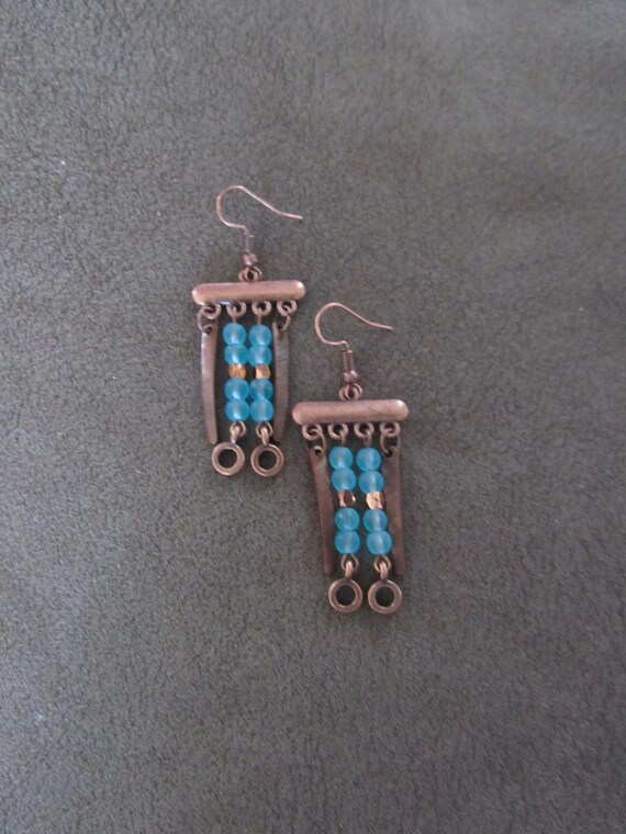 Blue frosted glass and copper chandelier earrings