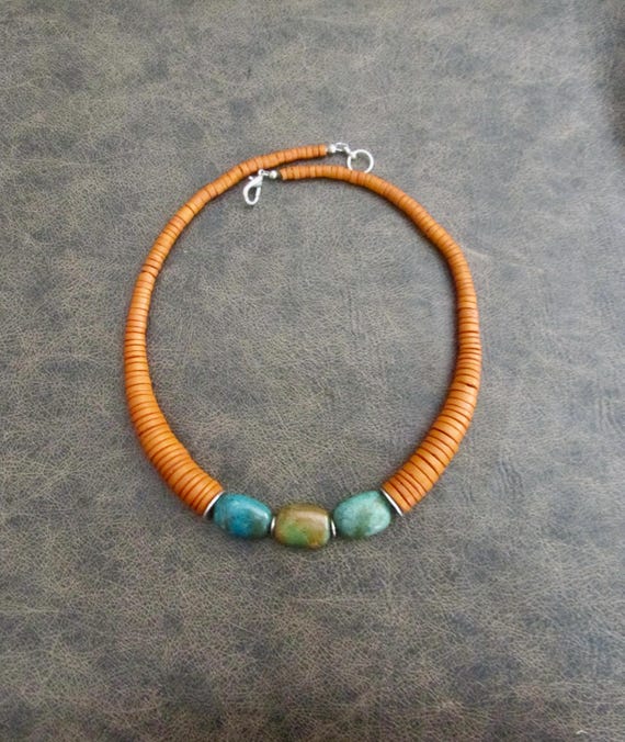 Genuine turquoise and orange wood beaded necklace