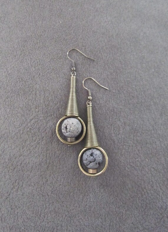 Lava rock and bronze mid century modern earrings