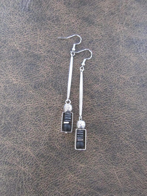 Black and silver minimalist earrings, simple mid century modern earrings