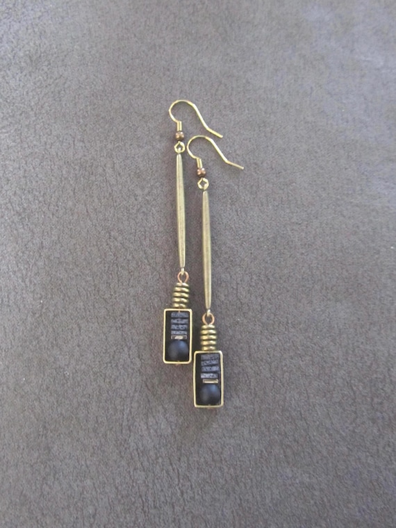 Black and antique brass minimalist earrings, simple mid century modern earrings