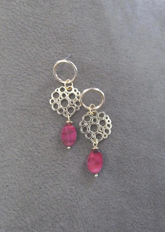 Gold and pink mother of pearl shell earrings