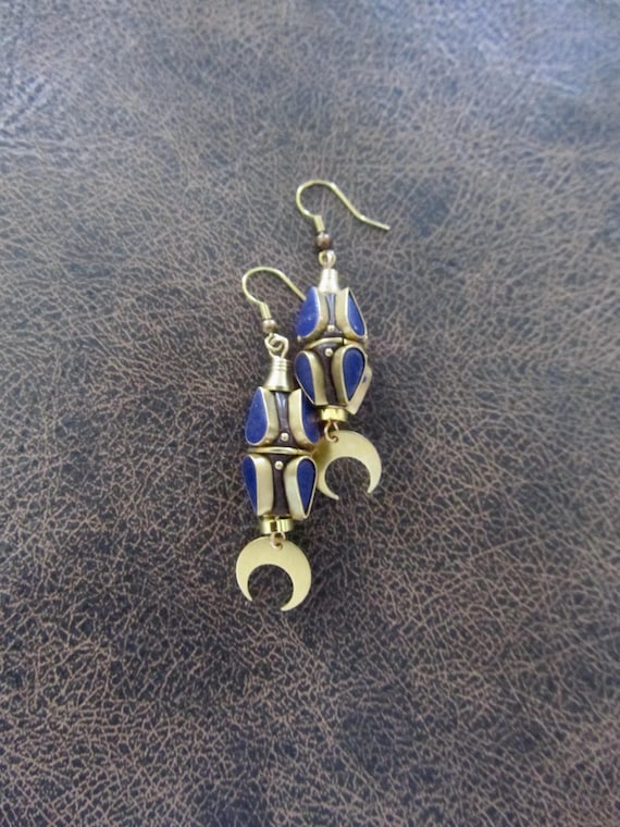 Indonesian brass and gemstone inlay nepal tibet earrings, blue
