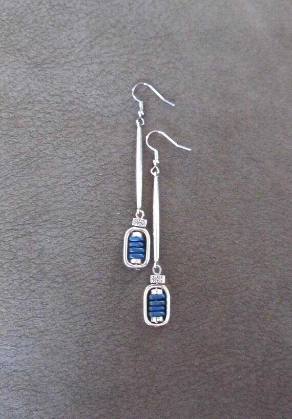 Mid century modern blue hematite earrings, silver