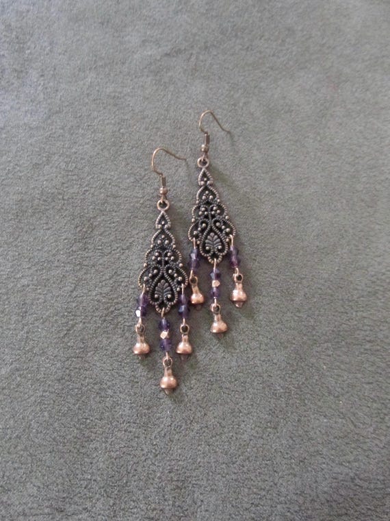 Antique copper filagree chandelier earrings, purple crystal earrings