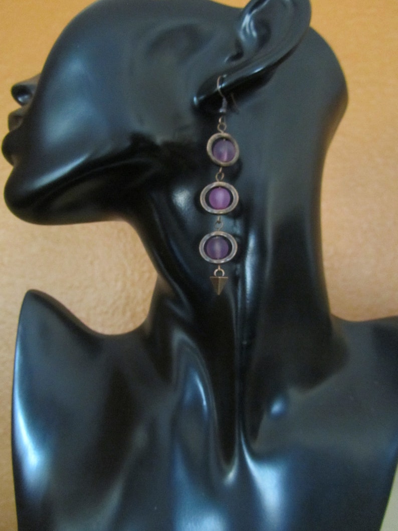 Long purple frosted glass and copper earrings image 3