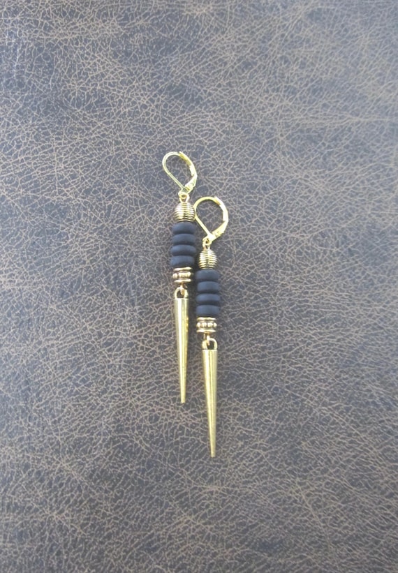 Black Rubber Gold Spike Earrings, Minimalist Geometric Earrings