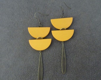 Large earrings, long bold earrings, yellow wood earrings, Afrocentric dangle earrings, statement earrings, geometric earrings