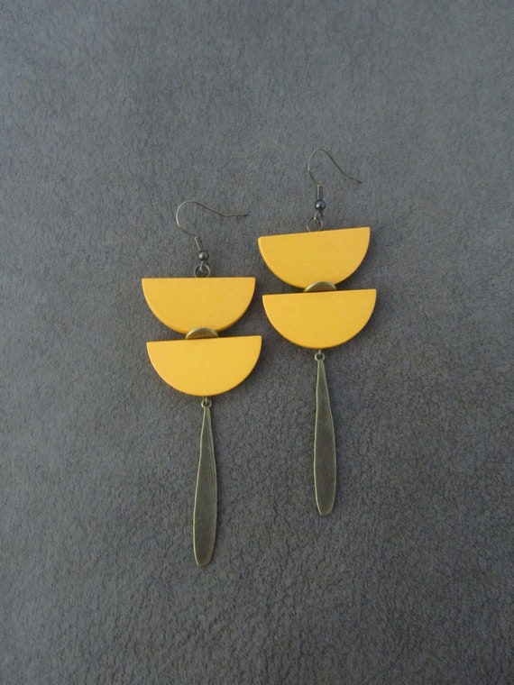 Large earrings, long bold earrings, yellow wood earrings, Afrocentric dangle earrings, statement earrings, geometric earrings