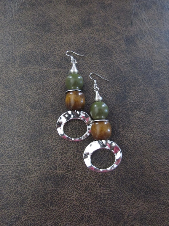 Oversized army green and silver mid century modern earrings
