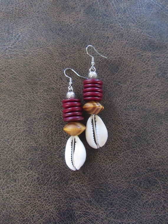 Cowrie shell and red wooden earrings