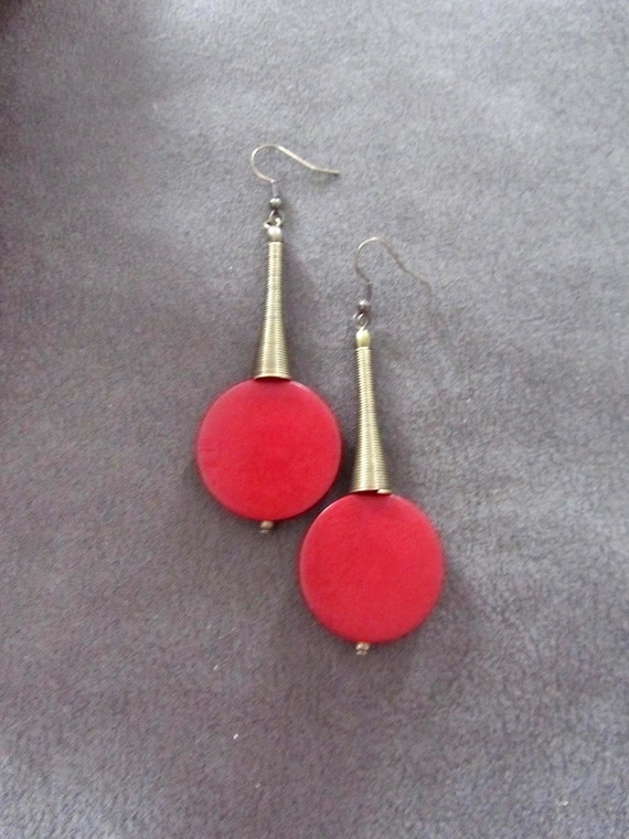 Red and bronze geometric earrings