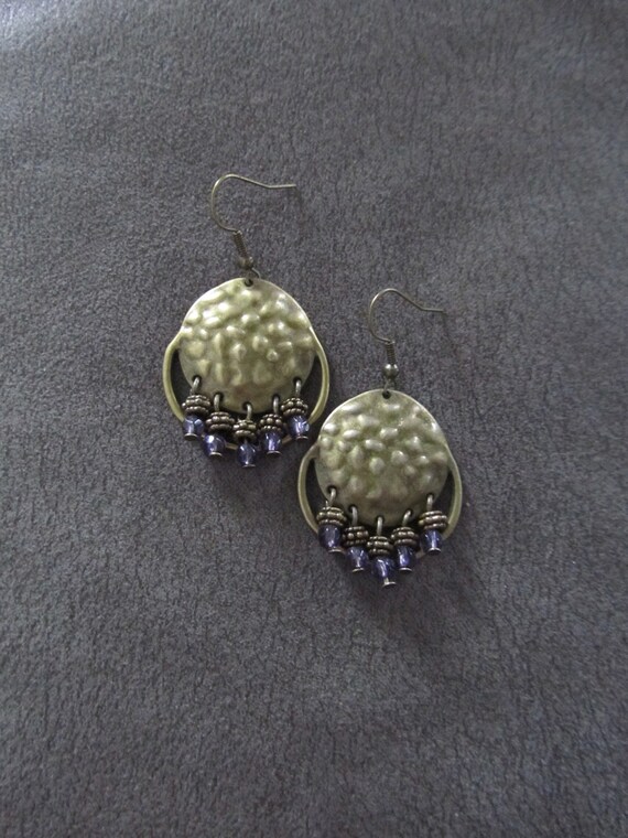 Hammered bronze and purple crystal chandelier earrings
