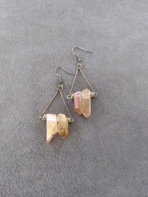 Raw quartz peach crystal earrings, bronze