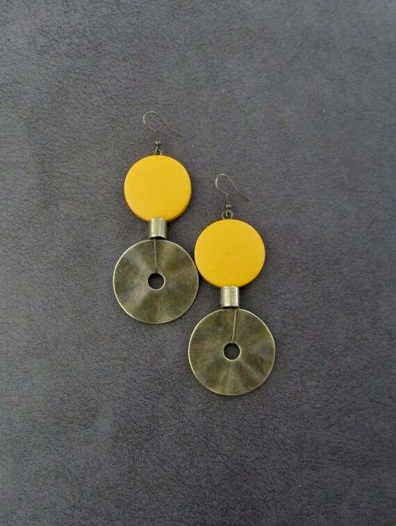 Oversized yellow and bronze mid century modern earrings