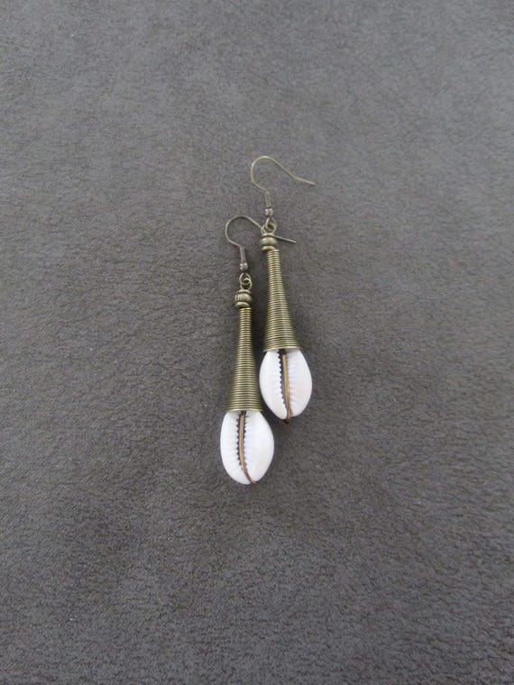 Cowrie shell earrings, bronze African Afrocentric earrings