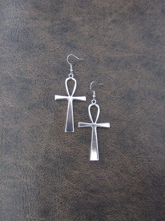 Ankh Egyptian African earrings, bold statement earrings, ethnic tribal earrings, fertility symbol, Afrocentric earrings, silver