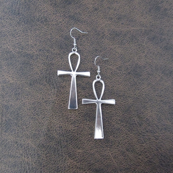 Ankh Egyptian African earrings, bold statement earrings, ethnic tribal earrings, fertility symbol, Afrocentric earrings, silver