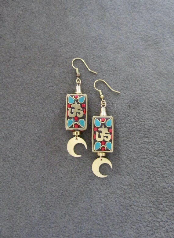 Indonesian brass and gemstone inlay nepal tibet earrings
