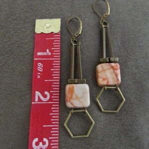 Hexagon earrings, antique bronze earrings, geometric earrings, mid century modern earrings, bold marble stone earrings, unique chic earrings image 2
