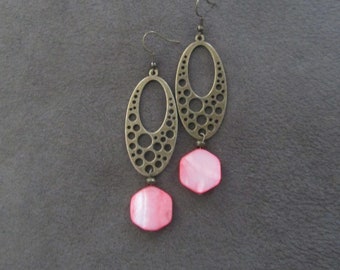 Mid century modern earrings, statement bohemian earrings, bold earrings, coral mother of pearl shell earrings, boho bronze earrings
