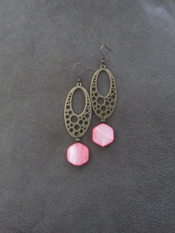 Mid century modern earrings, statement bohemian earrings, bold earrings, coral mother of pearl shell earrings, boho bronze earrings