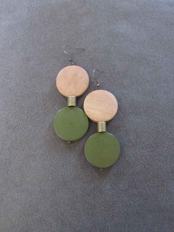 Mid century bold wooden earrings, olive green