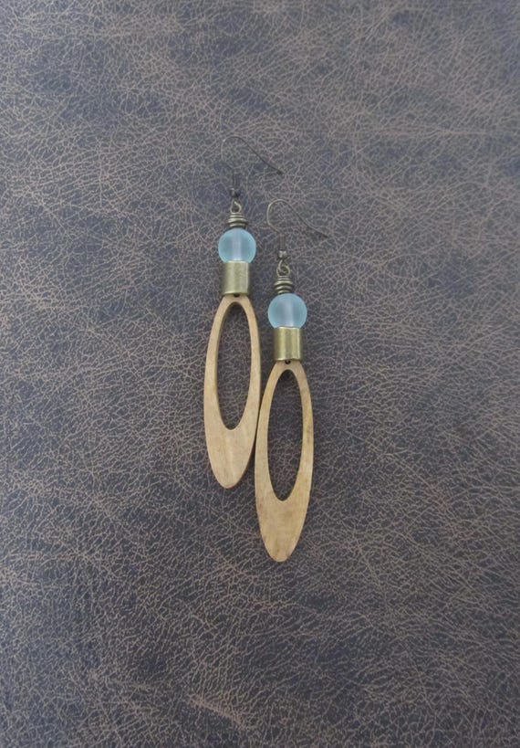 Long wood earrings, bold statement earrings, Afrocentric jewelry, African earrings, geometric earrings, rustic natural earrings, sea green